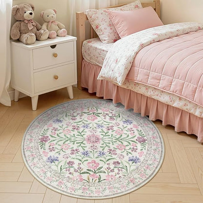 Lahome Light Purple 4 ft Round Accent Rug, Small Circular Soft Mat for Nursery & Reading Nook, Machine Washable Low Pile Carpet for Cozy Self-Care Retreat Decor