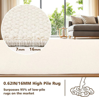 ANSSO Wool Rugs 8x10 for Living Room,80% Merino Wool and 20% Cotton Soft Tufted Area Rug with Cotton Non-Slip Backing,Large Area Rug for Bedroom Bedroom, Dining and Home Office (Cream White)