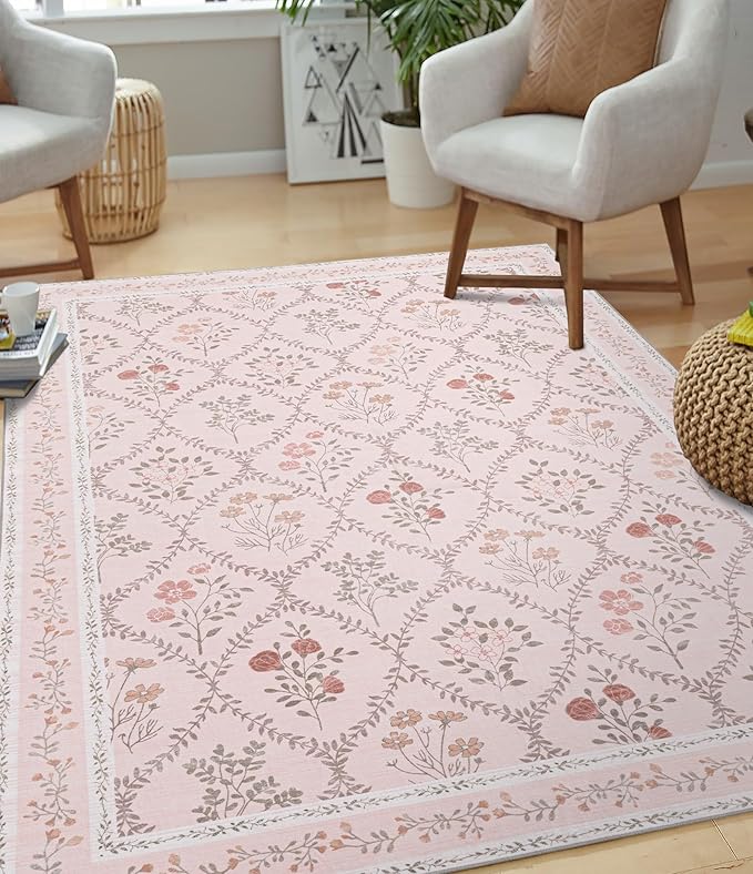 YIHOUSE 8x10 Washable Rug for Living Room, Pink Floral Rugs for Bedroom Boho Area Rug Non Slip Ultra-Thin Large Rug for Kids Playroom, Classroom, Girls Dorm, Nursery, Pink Multi