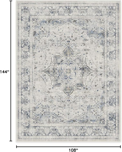 RUGGABLE Washable Vintage Area Rug – Sarrah Blue Quartz 9x12, Stain-Resistant, Non-Slip – Large Machine Washable Rugs for Living Room, Bedroom, Hallway, Entryway & Office–with Cushioned Pad