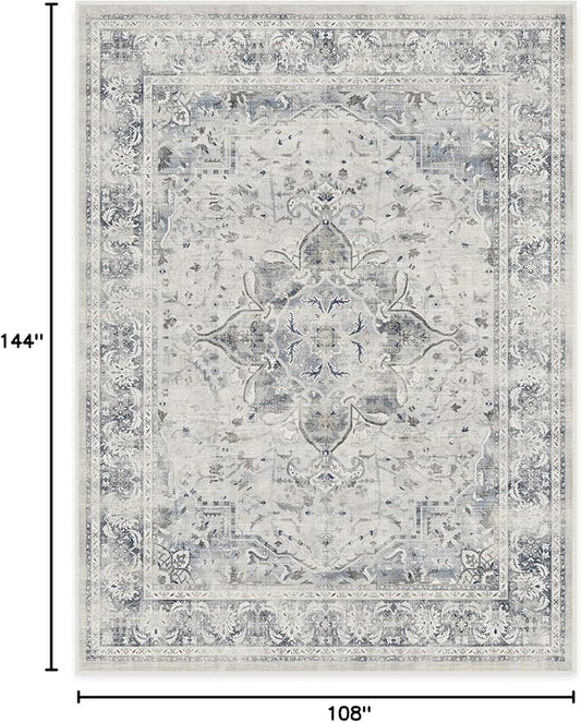 RUGGABLE Washable Vintage Area Rug – Sarrah Blue Quartz 9x12, Stain-Resistant, Non-Slip – Large Machine Washable Rugs for Living Room, Bedroom, Hallway, Entryway & Office–with Cushioned Pad