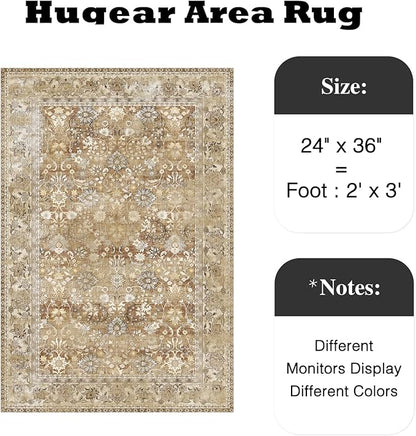 HUGEAR 2x3 Small Rug Machine Washable Area Rug Brown Beige Entryway Rugs Entrance Door Mat Indoor Floral Low Pile Carpet Distressed Throw Rugs Kitchen Bedroom Office Non Slip