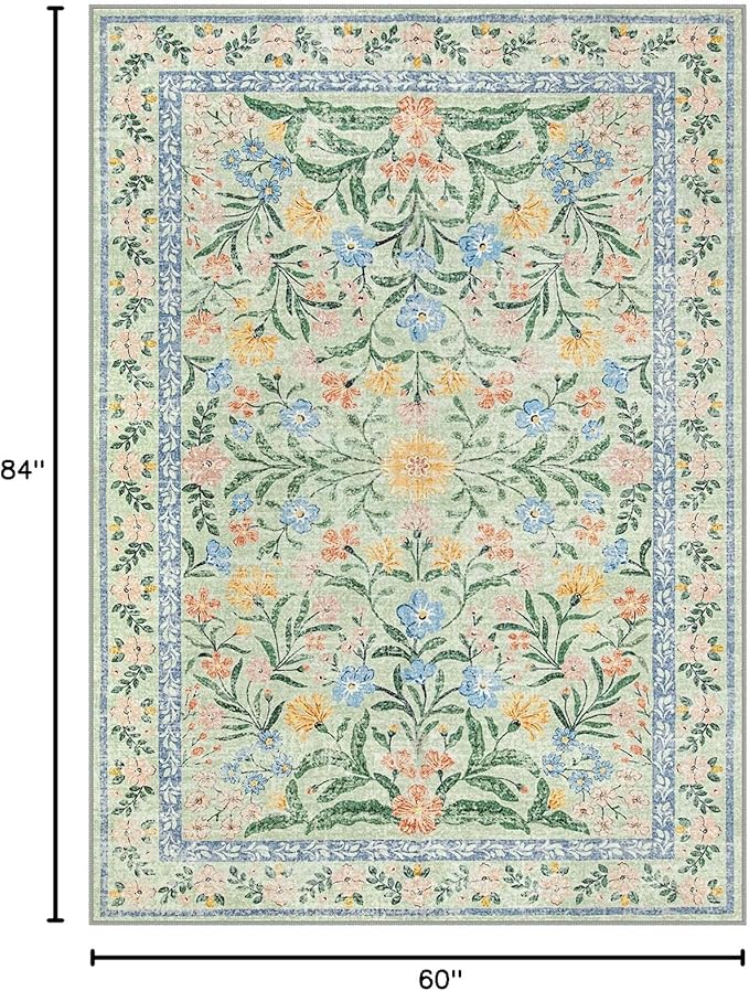 Lahome Washable 5x7 Area Rugs, Boho Pink and Green Floral Living Room Rug Non Slip, Vintage Girls Bedroom Indoor Carpet for Nursery Playroom Kitchen, Green/Multi