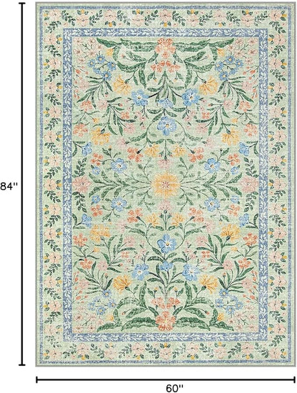 Lahome Washable 5x7 Area Rugs, Boho Pink and Green Floral Living Room Rug Non Slip, Vintage Girls Bedroom Indoor Carpet for Nursery Playroom Kitchen, Green/Multi