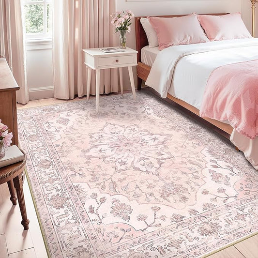 Area Rugs 5'x7' Washable Non-Slip, Floral Vintage Distress Print Pattern Medallion Carpet for Living Room Bedroom Dining Room, Pink Greypink Cute