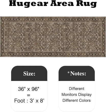 HUGEAR 3x8 Runner Rug Machine Washable Brown Hallway Area Rug Indoor Accent Rugs Floral Low Pile Carpet Soft Throw Rugs Bedroom Living Room Office Dining Kitchen Laundry Non Slip