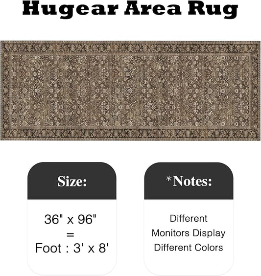 HUGEAR 3x8 Runner Rug Machine Washable Brown Hallway Area Rug Indoor Accent Rugs Floral Low Pile Carpet Soft Throw Rugs Bedroom Living Room Office Dining Kitchen Laundry Non Slip