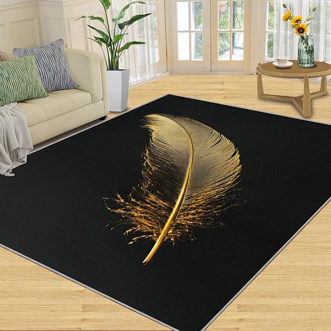 Golden Feathers Rugs for Bedroom - 6x9 Area Rug - Black Gold Feathers Rugs for Living Room, Modern Minimalist Art Rug, Washable Home Decor Carpet