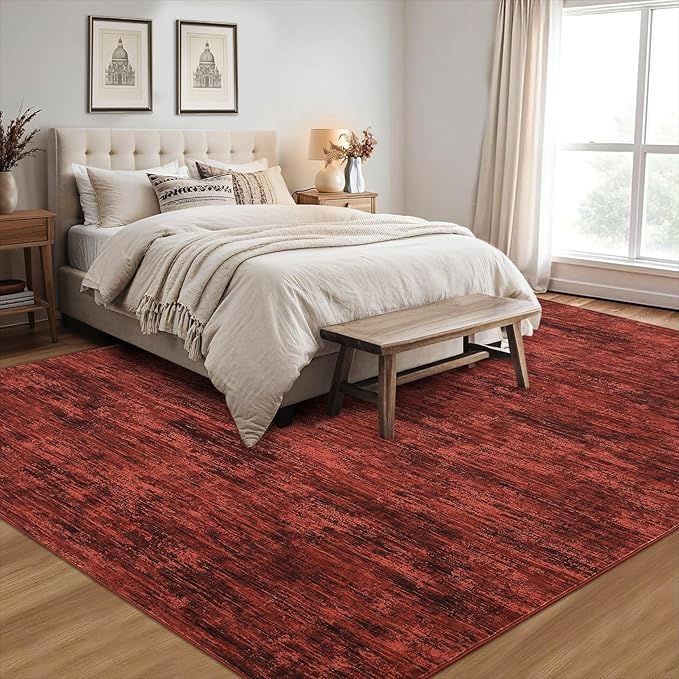 RUGSREAL Washable Rug 10x13 for Living Room Modern Abstract Area Rug Non-Slip Large Contemporary Bedroom Rug Stain Resistant Aesthetic Accent Floor Carpet Foldable Solid Rug for Home Office, Red