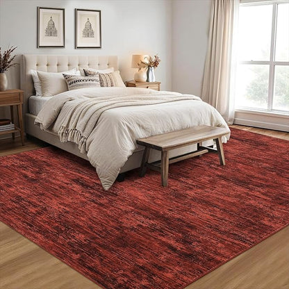 RUGSREAL Area Rug 5x7 Machine Washable Area Rug for Living Room Non-Slip Stain Resistant Modern Abstract Bedroom Rug Contemporary Solid Throw Rug Foldable Accent Floor Carpet for Dining Room, Red