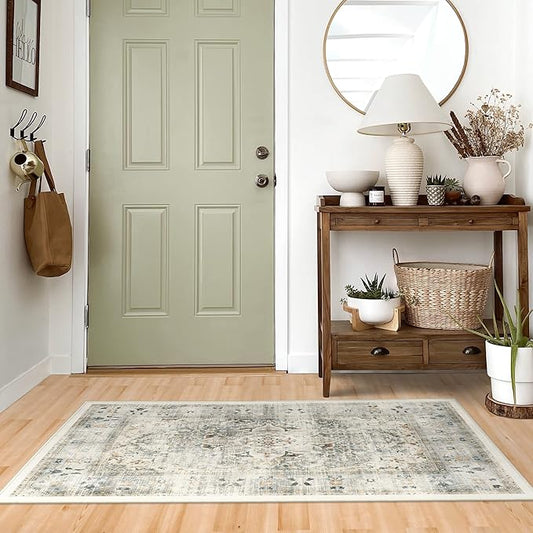 RUGGABLE Washable Vintage Area Rug – Sarrah Sage 4x6, Stain-Resistant, Non-Slip – Medium Machine Washable Rugs for Living Room, Bedroom, Hallway, Entryway & Office–with Cushioned Pad