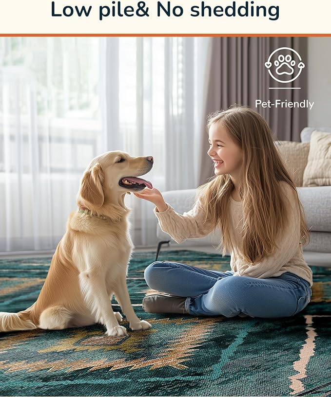 Area Rug 5x7 Rug Machine Washable Non-Slip Low Pile Print Pattern Western Rug for Living Room Bedroom Entryway Tribal Series -Teal/Green