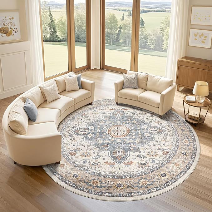 Round Rug Living Room Rugs: 8Ft Washable Boho Neutral Large Circle Soft Indoor Distressed Stain Resistant Floor Farmhouse Carpet for Bedroom Nursery Kids Playroom Office Dining Room Dorm- Beige Blue