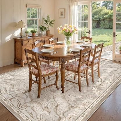 Lahome Boho Animal Washable Rugs for Living Room 8x10, Beige Soft Rugs for Bedroom, Botanical Large Boho Non Slip Dining Room Carpet for Under Table Office Kids Playroom (8x10ft,Beige)