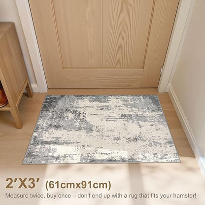 2x3 Entryway Area Rug: Washable Neutral Modern Abstract Small Rug - Non-Slip Low Pile Throw Indoor Carpet for Entrance Kitchen Front Door Mat Bathroom Entry Kids Room - Grey/Light Brown