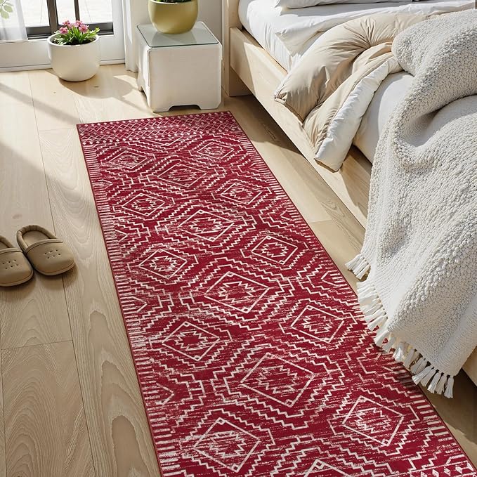 Wonnitar Moroccan Washable 2.5x8 Christmas Runner Rug for Hallway, Non-Slip Stain Resistant Kitchen Runners, Farmhouse Floor Carpet Soft Runner for Bathroom Hall Entyway (Red,2'6"x8')
