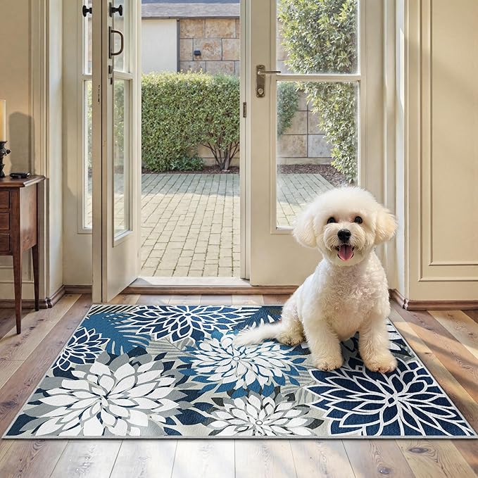 2x3 Washable Small Rug Tropical Botanical Modern Floral Indoor Chenille Door Mat Carpet Non Slip for Patio, Entry Way, Entrance, Porch, Blue