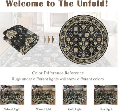 Washable Round Area Rug 8ft - Charcoal Black Traditional Floral Living Room Circle Rug 8x8 Non-Slip Farmhouse Dining Room Carpet Soft Vintage Boho Round Rugs for Bedroom Office Entryway