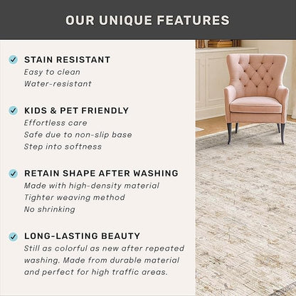 Washable Cream Rug 4x6 for Office, Bedroom, Non Slip Rugs for Kitchen, Mudroom, Low Pile Neutral Farmhouse Retro Small Living Room Carpet