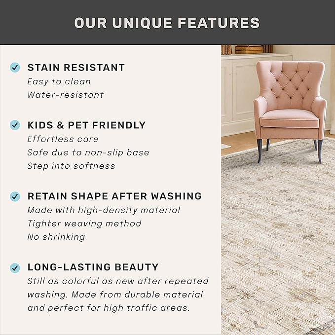 Beige Boho Bathroom Rug 2x7 - Non Slip Washable Floral Runner Rug for Kitchen Floor, Hallway, Farmhouse Entryway Mat with Geometric Pattern, Vintage Low Pile Stain Resistant Carpet