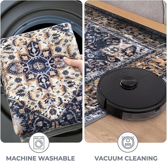 KOZYFLY Runners for Hallways 2.6x8 Ft Washable Kitchen Runner Rug Boho Runner Rug for Entryway Indoor Gold Navy Printed Oriental Faux Wool Floor Carpet Runner for Bedroom Kitchen Hall