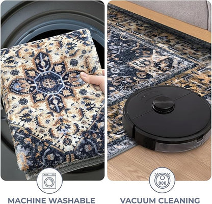 KOZYFLY Runners for Hallways 2x6 Ft Washable Kitchen Runner Rug Boho Runner Rug for Entryway Indoor Gold Navy Printed Oriental Faux Wool Floor Carpet Runner for Bedroom Kitchen Hall