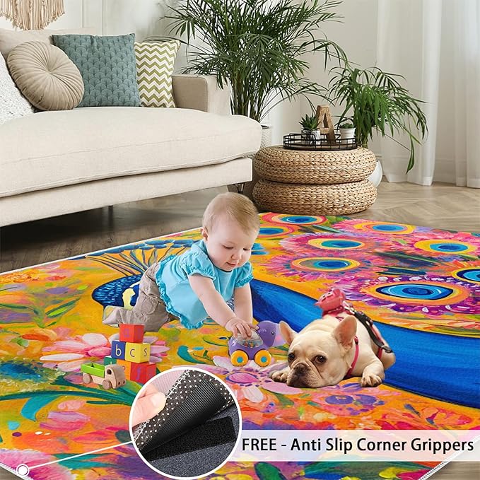 Peacock Rugs for Living Room - 6x9 Rug, Boho Floral Botanical Area Rugs for Bedroom, Wonderful Peacock Rug, Peafowl Washable Carpet, Floral Animal Carpet - Peafowl Home Decor & Gifts