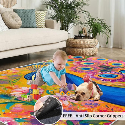 Peacock Rugs for Living Room - 2x3 Rug, Boho Floral Botanical Area Rugs for Bedroom, Wonderful Peacock Rug, Peafowl Washable Carpet, Floral Animal Carpet - Peafowl Home Decor & Gifts