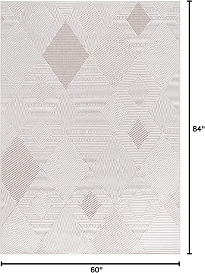 CAMILSON Micro Loop Rug 5x7 Modern Luxury Geometric Diamond Trellis Area Rugs Soft High and Low Pile Stain Resistant Easy-Cleaning Non-Shedding for Living Room Office Indoor Carpet (5 x 7 White-Beige)