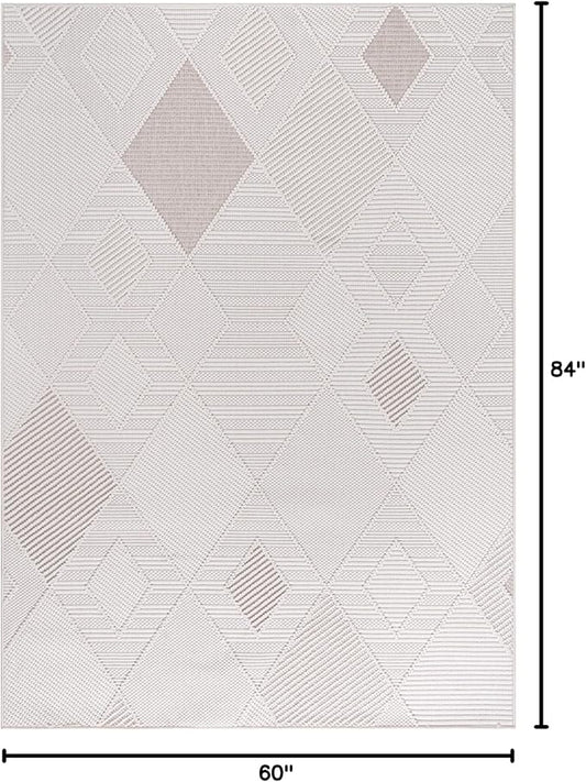CAMILSON Micro Loop Rug 5x7 Modern Luxury Geometric Diamond Trellis Area Rugs Soft High and Low Pile Stain Resistant Easy-Cleaning Non-Shedding for Living Room Office Indoor Carpet (5 x 7 White-Beige)