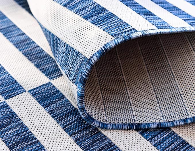 Unique Loom Outdoor Striped Collection Area Rug - Striped (6' 1" x 9' Rectangle, Blue/Ivory)