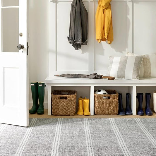 Dash and Albert Malta Grey Machine Washable Area Rug - 5' x 8' Grey Stripe Washable Accent Rug - Durable, High Traffic Areas Kitchen, Mudroom, Hallways
