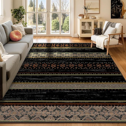 BESTSWEETIE 5x7 Area Rugs for Living Room Washable Moroccan Farmhouse Neutral Geometric Low Pile Non-Slip Soft Print Pattern Rug for Bedroom Kitchen Dining Room Entryway Black/Red/Brown/Cream/Yellow