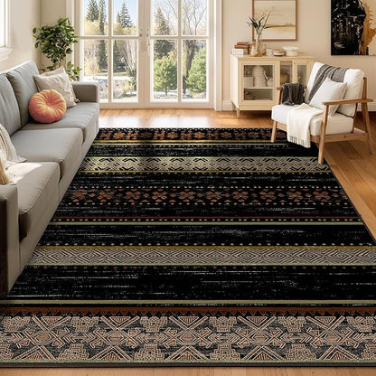 BESTSWEETIE 8x10 Area Rugs for Living Room Washable Moroccan Farmhouse Neutral Geometric Low Pile Non-Slip Soft Print Pattern Rug for Bedroom Kitchen Dining Room Entryway Black/Red/Brown/Cream/Yellow