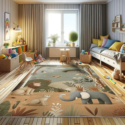 Ambesonne Woodland Decorative Rug, Funny Nature Theme Cartoon Lion Elephant Bird Giraffe Animals Print, Quality Carpet for Bedroom Dorm and Living Room, 2' 2" x 3' 7", Olive Green Redbrown Ecru