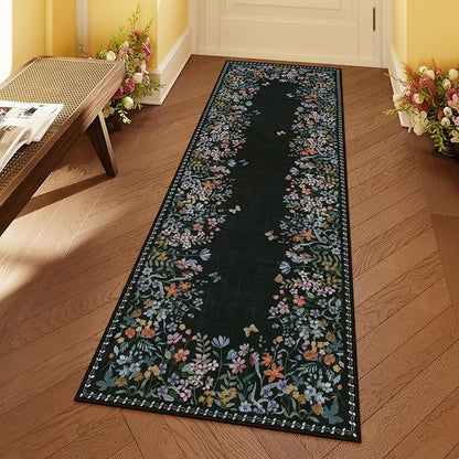 Lahome Boho Floral 2x6 Black Bathroom Runner Rugs Non Skid Washable, Rug Runners for Hallways Non Slip Kitchen Carpet Runner, Soft Runners for Entryway Laundry Bedroom(2x6ft,Black)