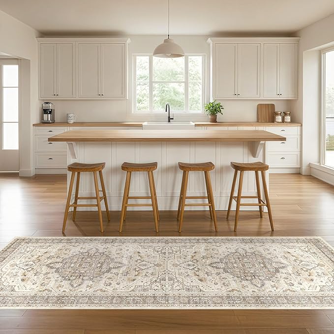 Runner Rug Kitchen Washable Rugs: 3x10 Non-Slip Boho Soft Vintage Stain Resistant Indoor Floor Neutral Farmhouse Throw Carpet for Hallway Bathroom Laundry Room Entryway Bedroom- Brown