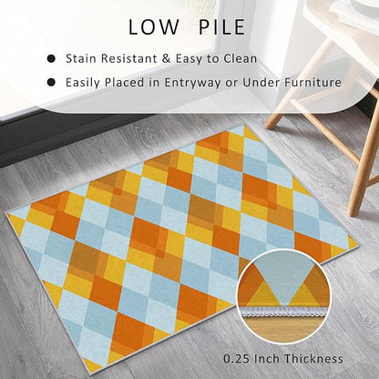 Washable 5x6 Diamond Rug Living Room, Geometric Orange and Blue Plaid Design Area Rugs for Bedroom, Diamond Home Decor Carpet, Low Pile, Non Slip, Kids & Pet Friendly (N4141)