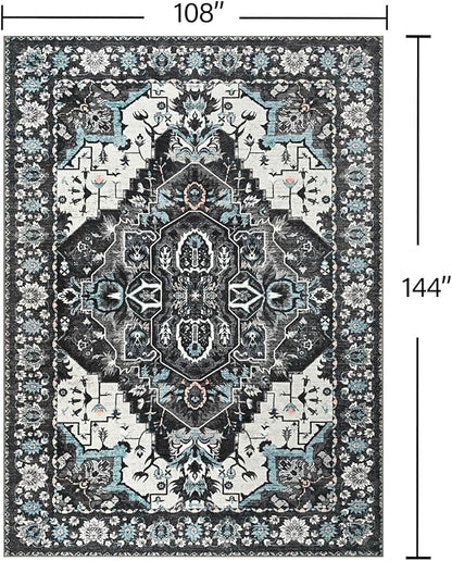 YJ.GWL Area Rugs for Living Room 9x12 Machine Washable Rugs, Non Slip Floral Vintage Rug Indoor Carpet, Stain Resistant Large Rug for Bedroom Dining Room, Black Grey Blue