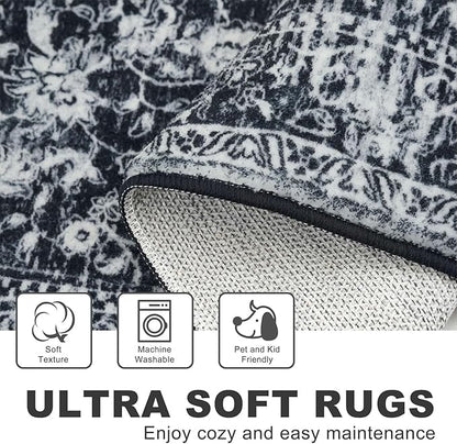 KILOCOCO Small Area Rug 2x3 Entryway Rugs Printed Vintage Moroccan Floral Washable Rug Non-Slip Kitchen Rug Indoor Door Mat, Accent Throw Small Rugs for Laundry Room Bedroom Entrance, Black/Navy/White