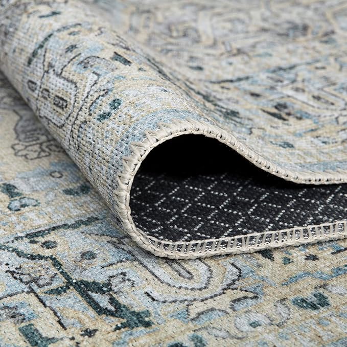 Bloom Rugs Washable Non-Slip 9' x 12' Rug - Cream/Light Blue/Teal Traditional Medallion Area Rug for Living Room, Bedroom, Dining Room, and Kitchen - Exact Size: 9' x 12'
