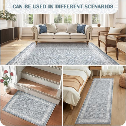 jinchan Hallway Runner Rug 3x8 - Machine Washable Grey Vintage Floral Distressed Design Soft Non-Slip Low-Pile Ultra-Thin Runner Rug for Kitchen Laundry Room Bedroom Farmhouse (3‘x8', Grey)