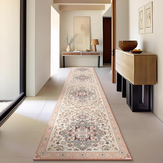 Phantoscope Washable Runner Rug 2'x10' Non-Slip, Vintage Boho Hallway Rugs for Entryway, Stair, Bedroom, Persian Floral Medallion Pattern, Low-Pile Foldable Floor Carpet, Ivory Rose/Fall Bloom