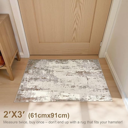 2x3 Entryway Area Rug: Washable Neutral Modern Abstract Small Rug - Non-Slip Low Pile Throw Indoor Carpet for Entrance Kitchen Front Door Mat Bathroom Entry Kids Room - Brown/Grey/Beige