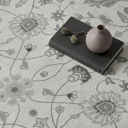 EVERGRACE Area Rugs for Living Room 8x10, Boho Floral Faux Wool Indoor Outdoor Rugs, Washable Rugs for Bedroom Dining Room Entryway Kitchen, Low Pile Floor Mat Carpet for Home Decor, Cool Gray