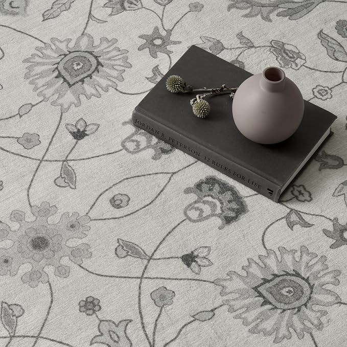 EVERGRACE Area Rugs for Living Room 6x9, Boho Floral Faux Wool Indoor Outdoor Rugs, Washable Rugs for Bedroom Dining Room Entryway Kitchen, Low Pile Floor Mat Carpet for Home Decor, Cool Gray
