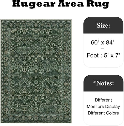 HUGEAR 5x7 Machine Washable Rugs Dark Green Hallway Area Rug Indoor Accent Rug Floral Low Pile Carpet Soft Throw Aesthetic Rug Bedroom Living Room Office Dining Room Kitchen Laundry Room Non Slip