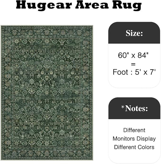 HUGEAR 5x7 Machine Washable Rugs Dark Green Hallway Area Rug Indoor Accent Rug Floral Low Pile Carpet Soft Throw Aesthetic Rug Bedroom Living Room Office Dining Room Kitchen Laundry Room Non Slip
