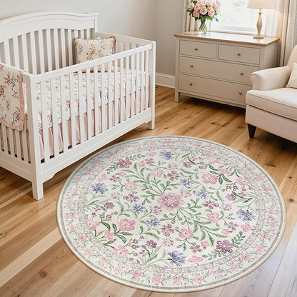 Lahome Light Purple 4 ft Round Accent Rug, Small Circular Soft Mat for Nursery & Reading Nook, Machine Washable Low Pile Carpet for Cozy Self-Care Retreat Decor