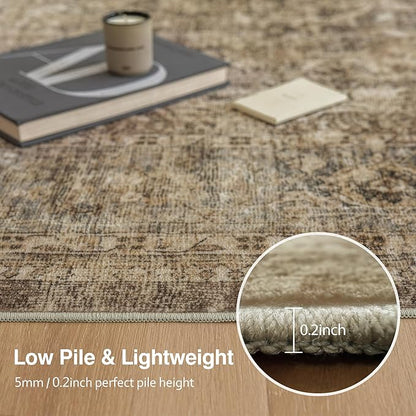 Fmfunctex 3x7 Runner Rug Brown Washable Vintage Neutral Distressed Non Slip Low Pile Indoor Carpet Soft Retro Floral Hallway Entryway Rug for Kitchen Living Room Bedroom Bathroom Laundry Entry Bedside